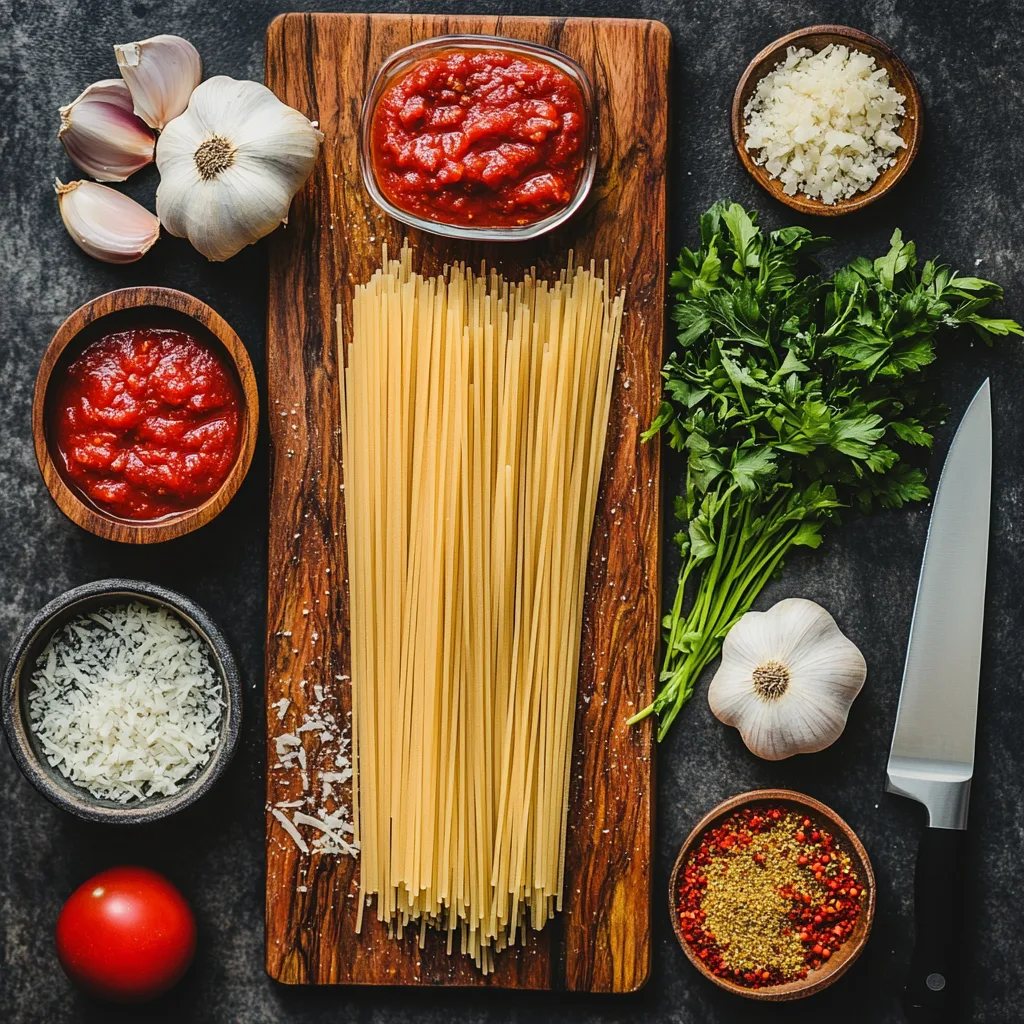 Fresh ingredients for homemade spaghetti casserole laid out on a wooden countertop