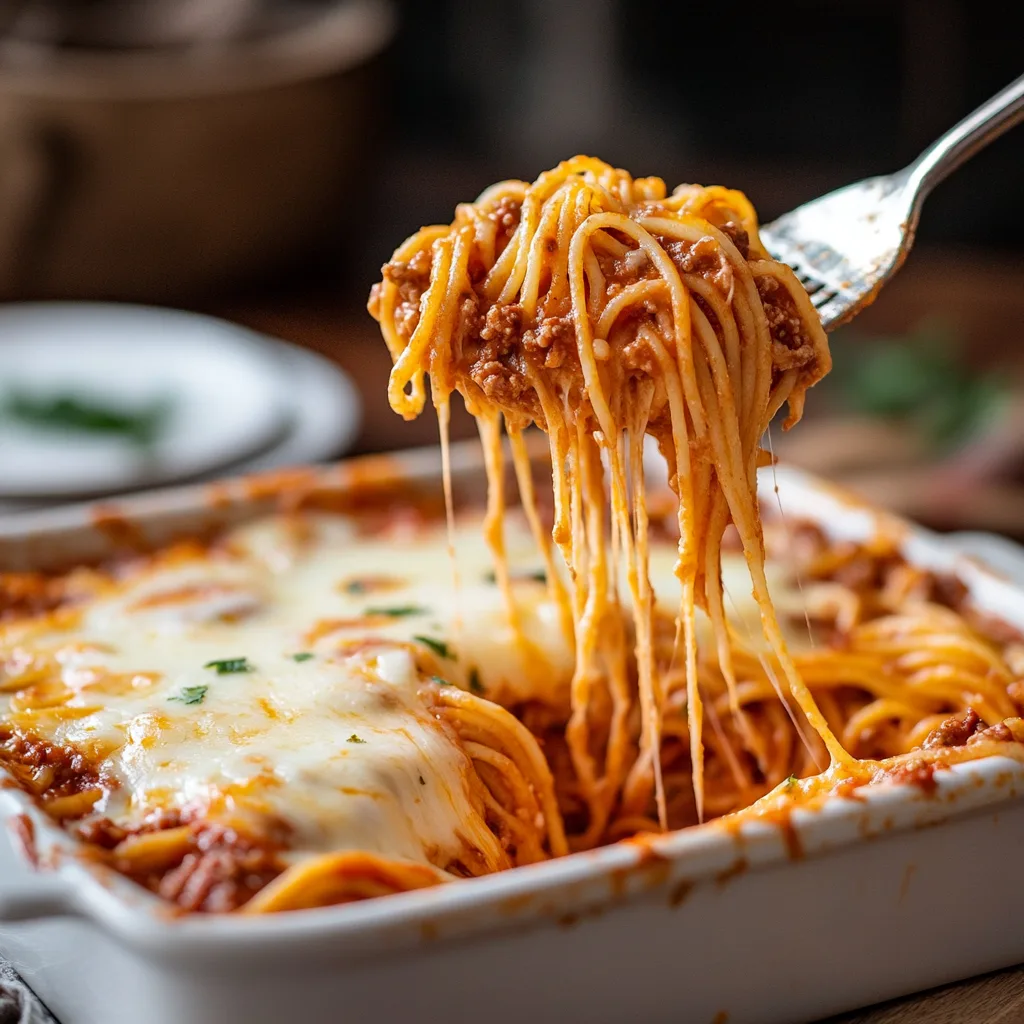 A spoon lifting a cheesy portion of spaghetti casserole from the baking dish.